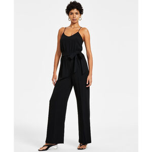 Bar III Women's Black Textured Crepe Belted V-Neck Formal Jumpsuit NWT